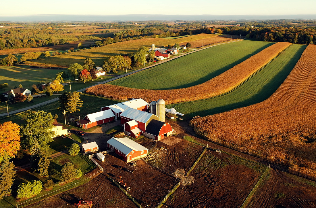 A drone shot of an agriculture business or farm.